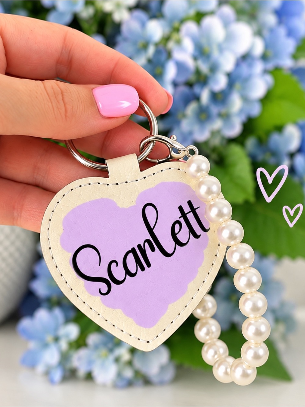 Personalized Cream Heart Key & Card Holder with Lavender Accent